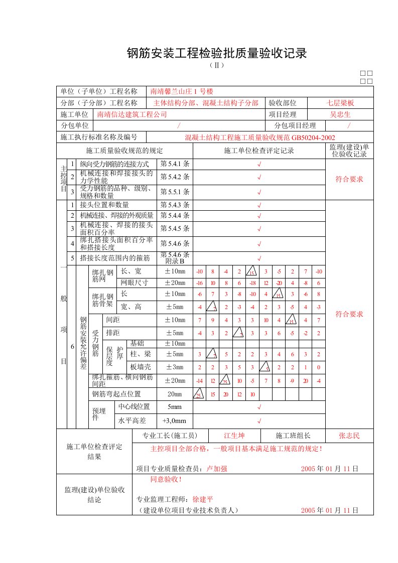 最新版福建省主体结构分部检验批表格填写实例汇编（3-2）