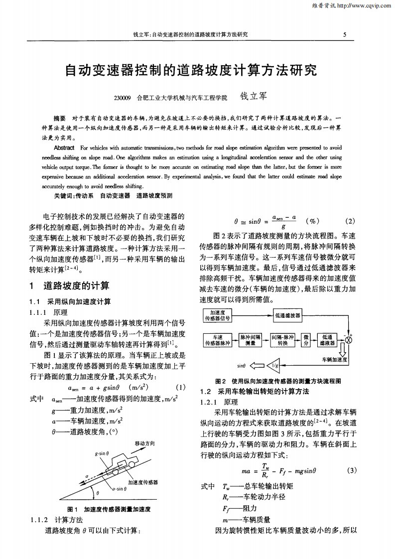 自动变速器控制的道路坡度计算方法研究