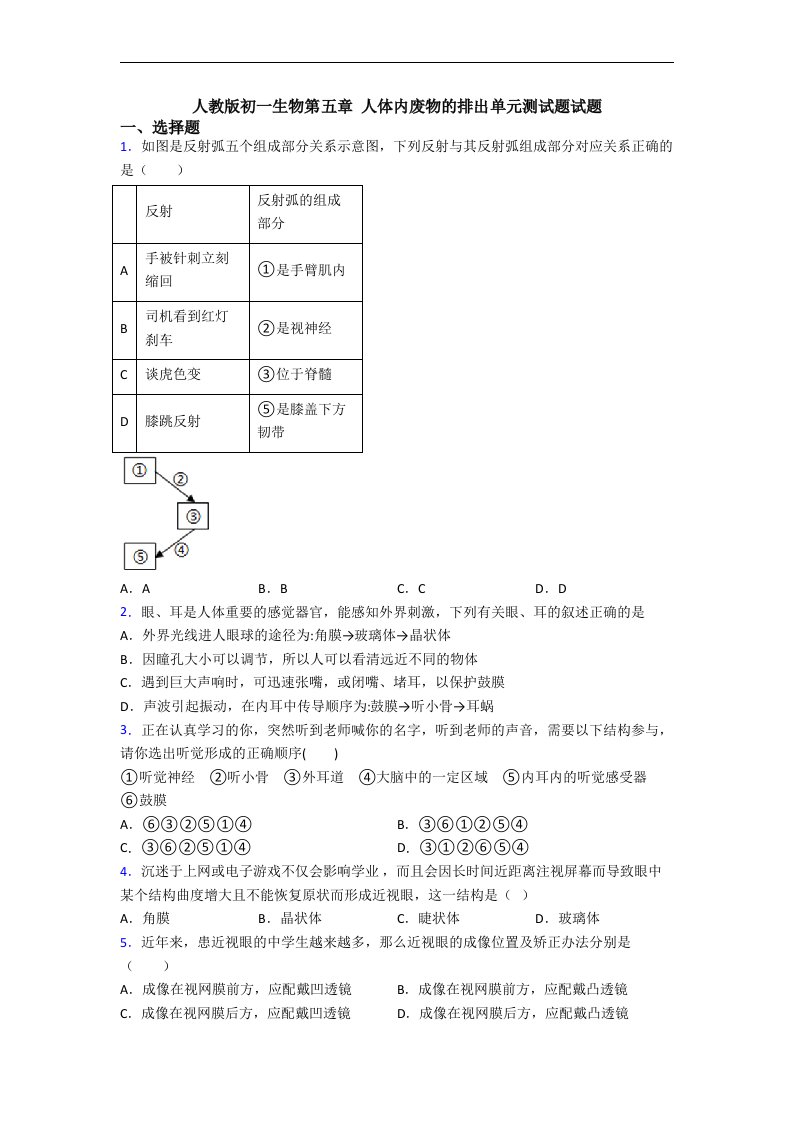 人教版初一生物第五章-人体内废物的排出单元测试题试题