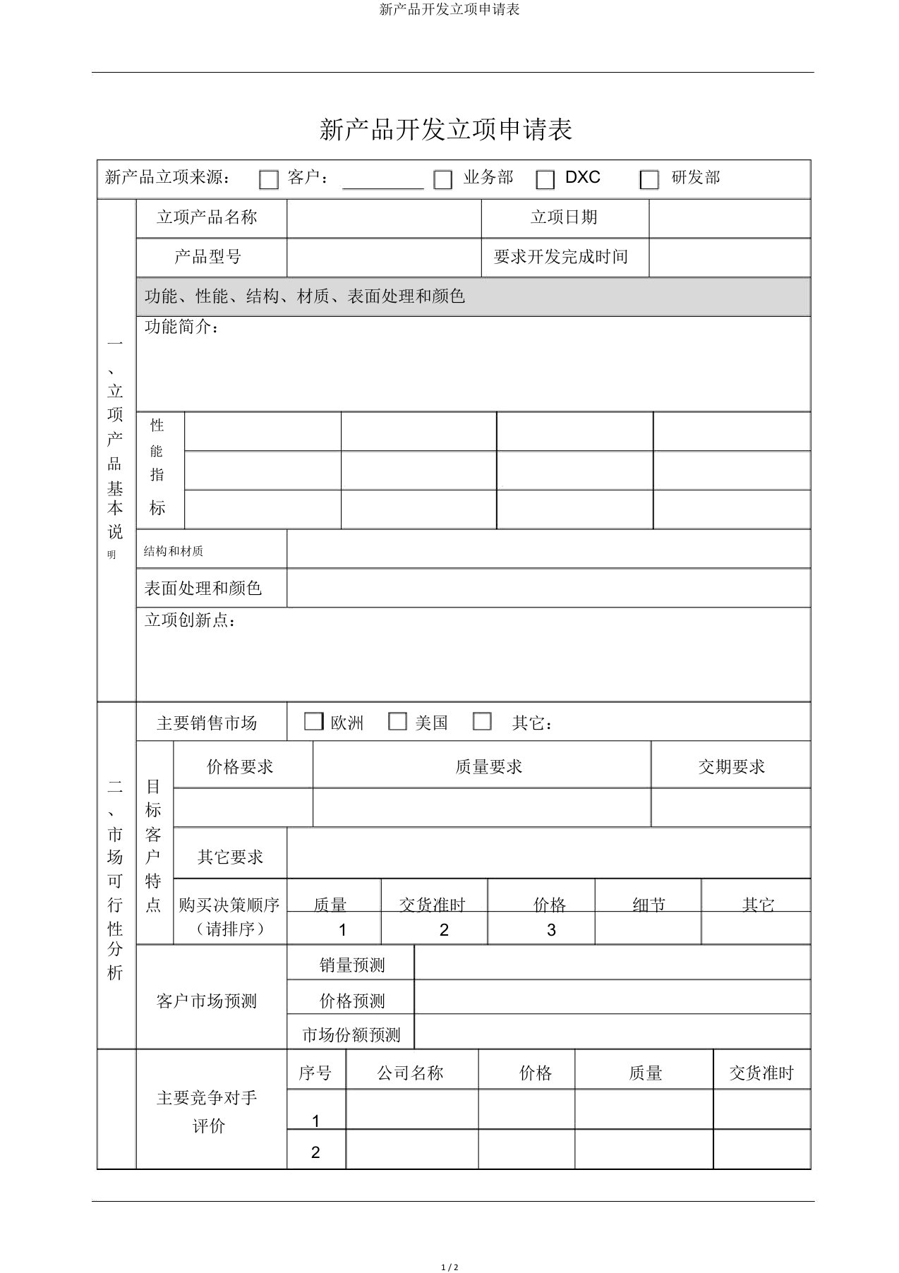 新产品开发立项申请表