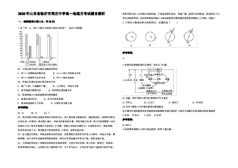 2020年山东省临沂市周庄中学高一地理月考试题含解析