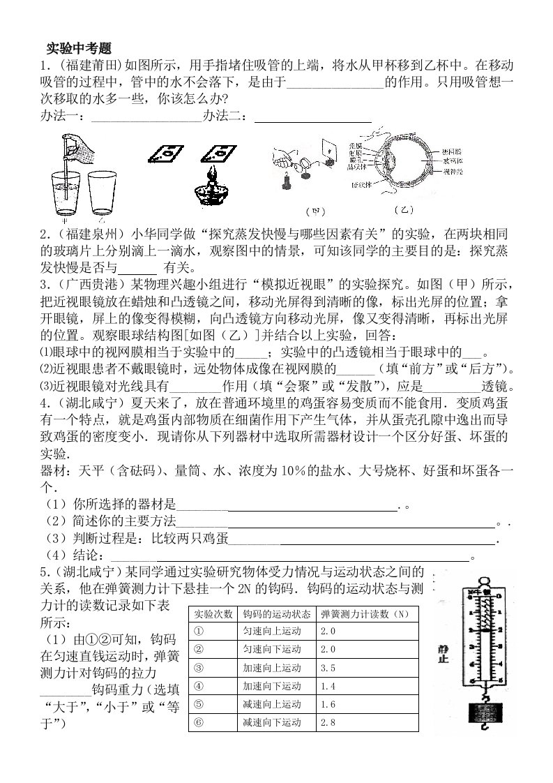 2011中考历年中考物理实验题汇编