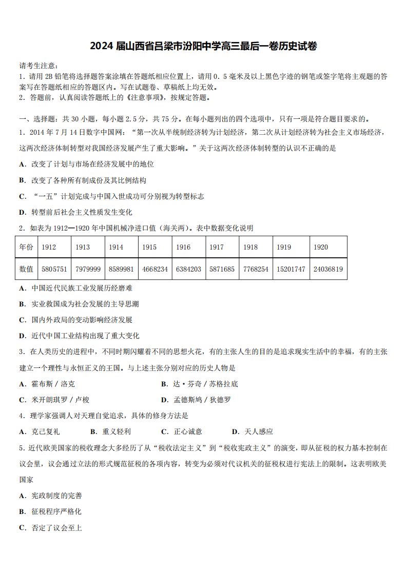 2024届山西省吕梁市汾阳中学高三最后一卷历史试卷含解析