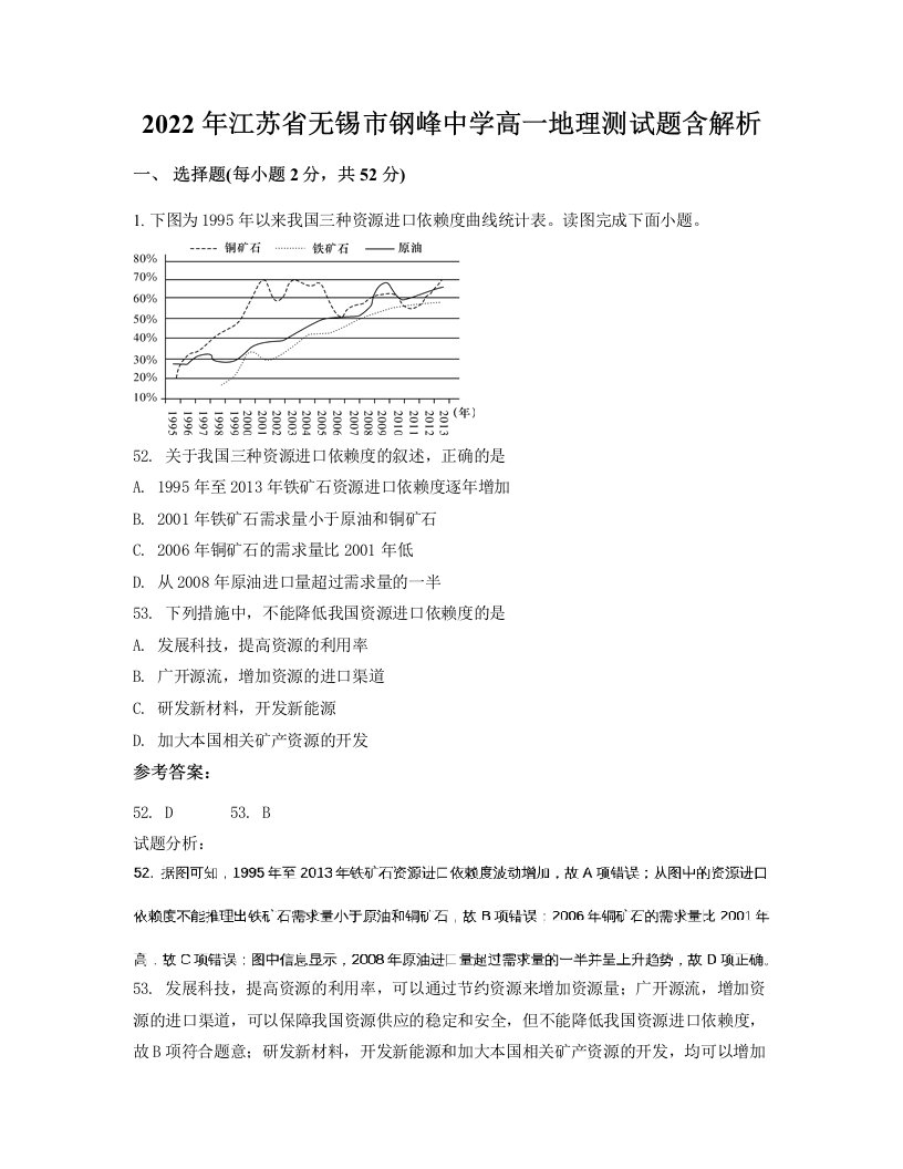 2022年江苏省无锡市钢峰中学高一地理测试题含解析