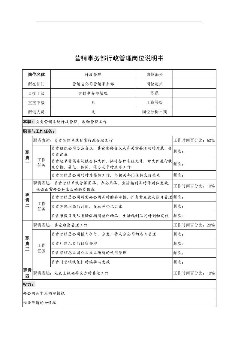 奥康集团营销事务部行政管理岗位说明书