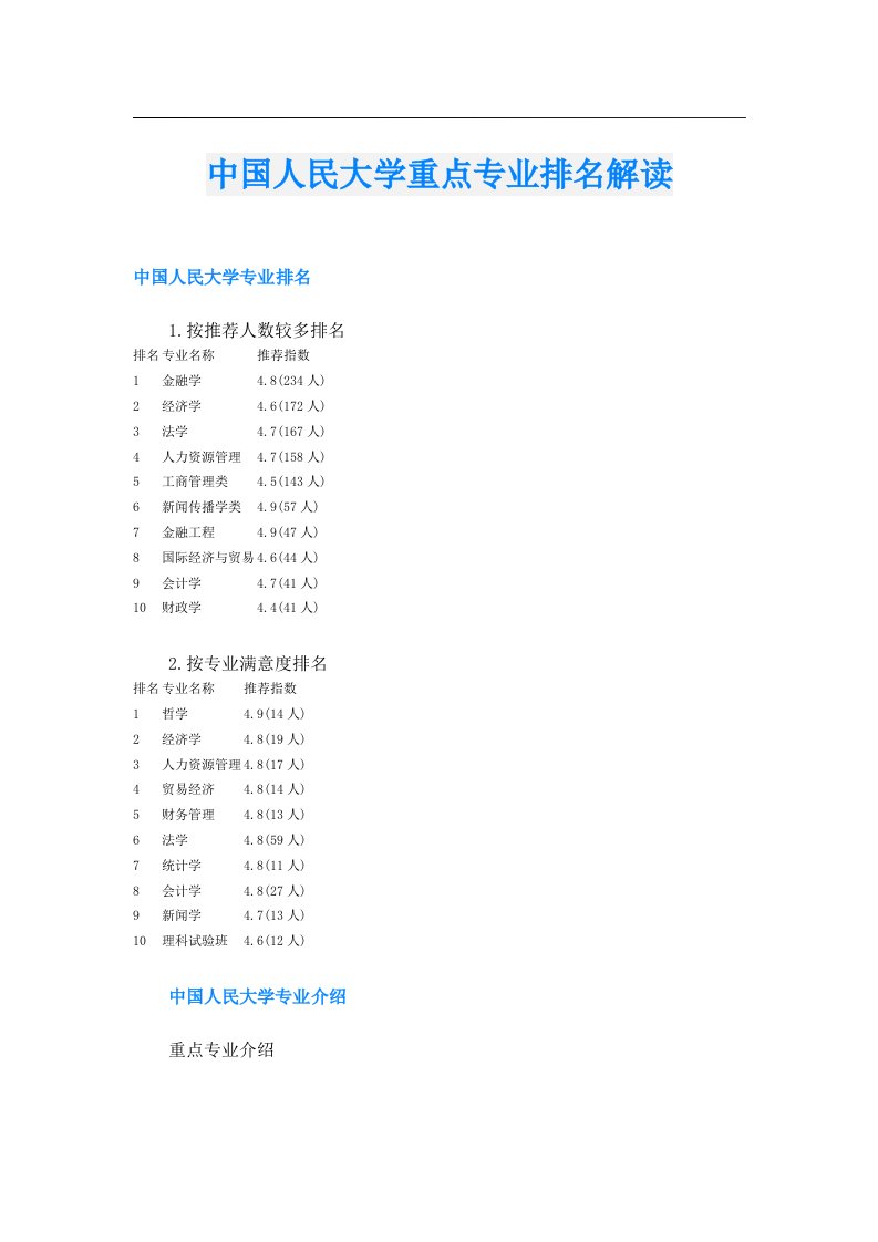 中国人民大学重点专业排名解读