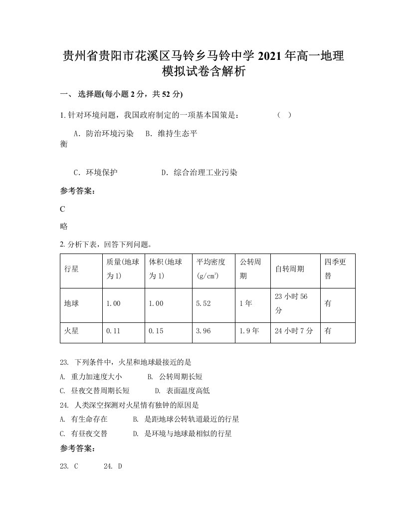 贵州省贵阳市花溪区马铃乡马铃中学2021年高一地理模拟试卷含解析