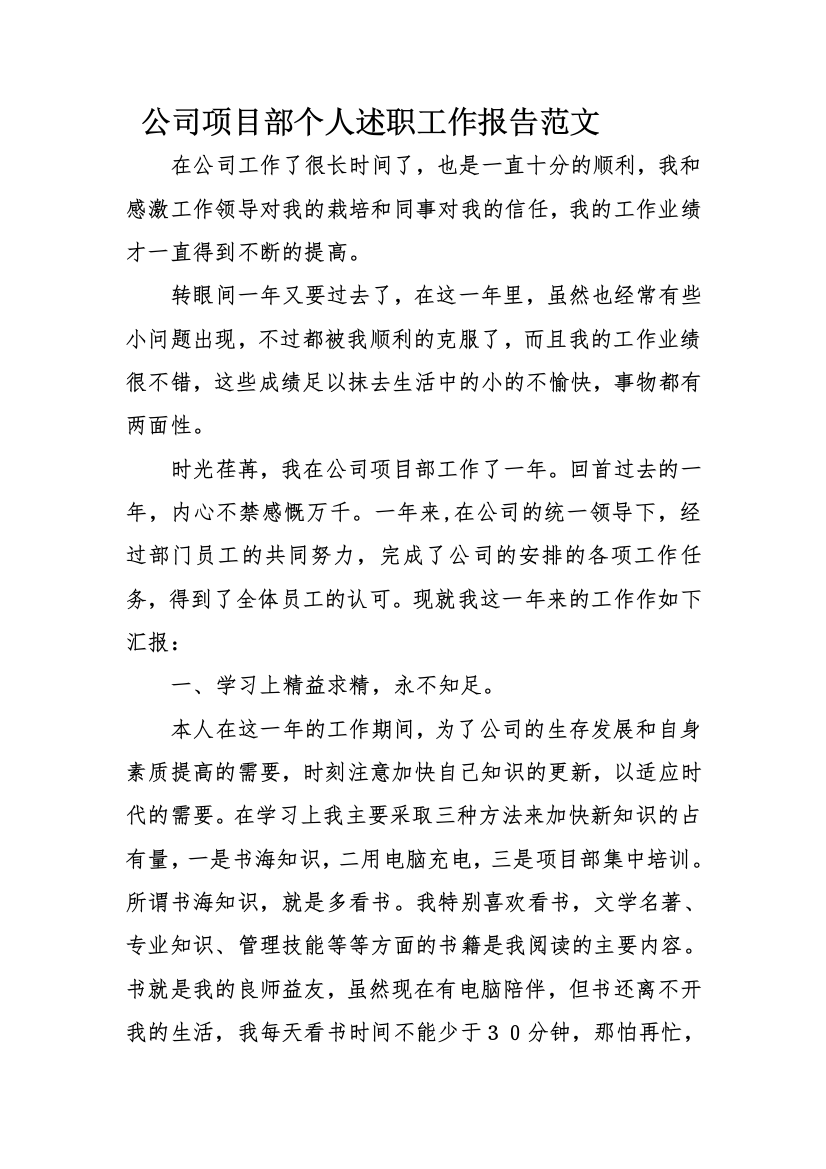 公司项目部个人述职工作报告范文