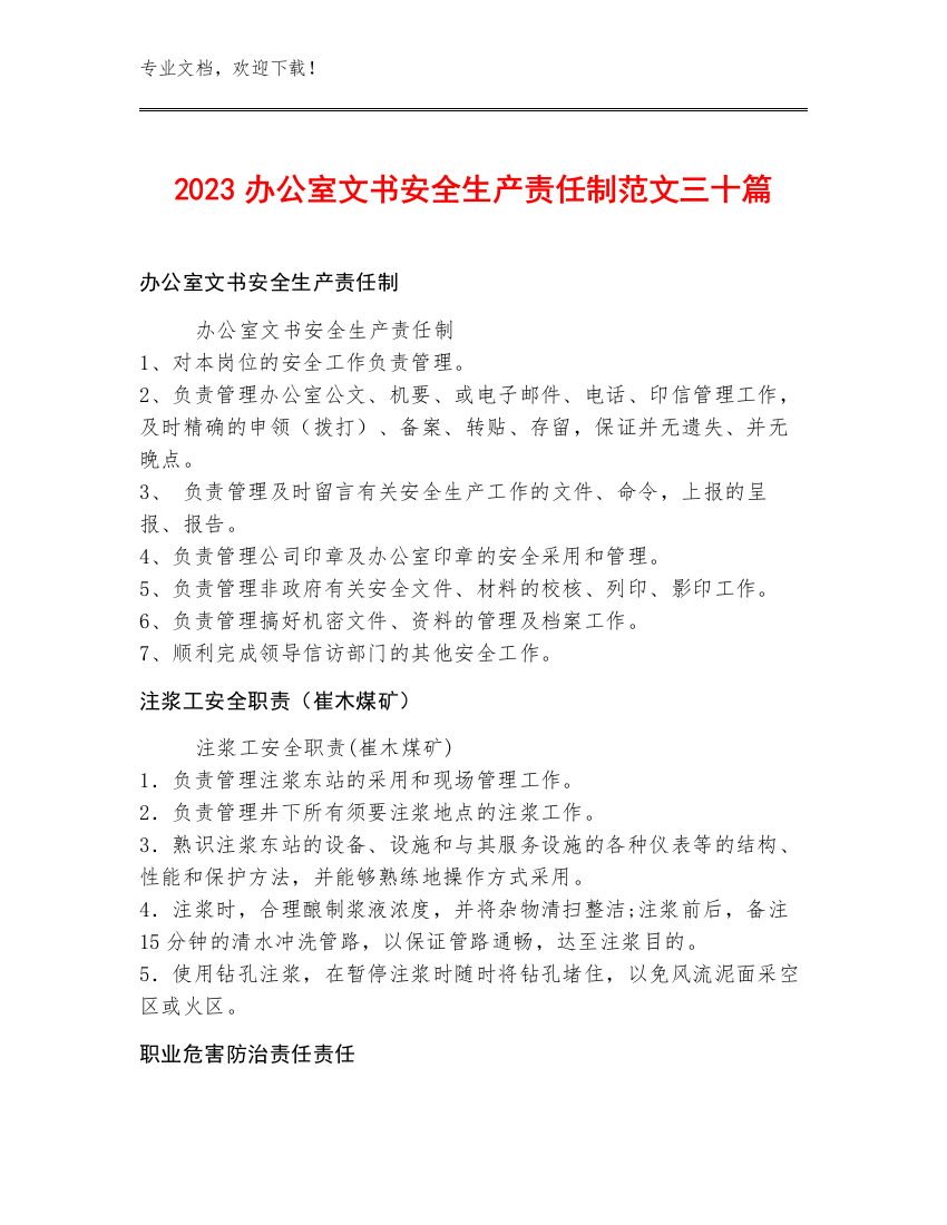 2023办公室文书安全生产责任制范文三十篇