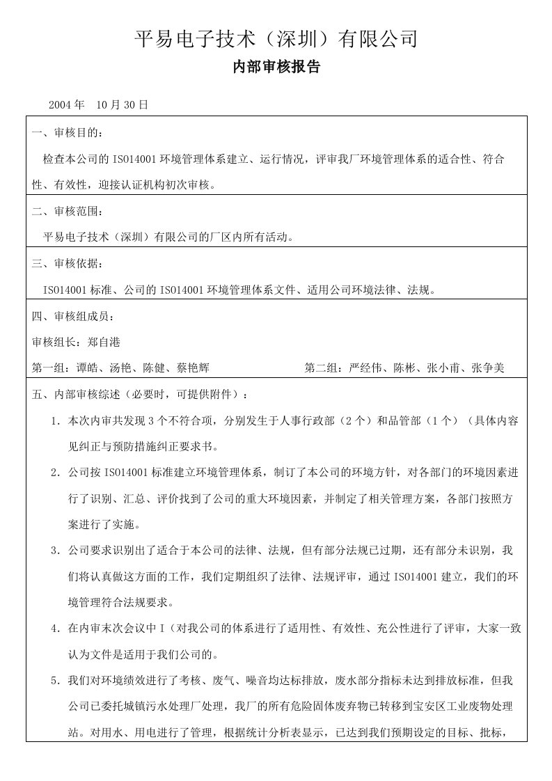 《环境管理体系内审检查表、内审计划、内审报告》深圳平易电子(14个文件)内部审核报告E03-16-009A-ISO14000