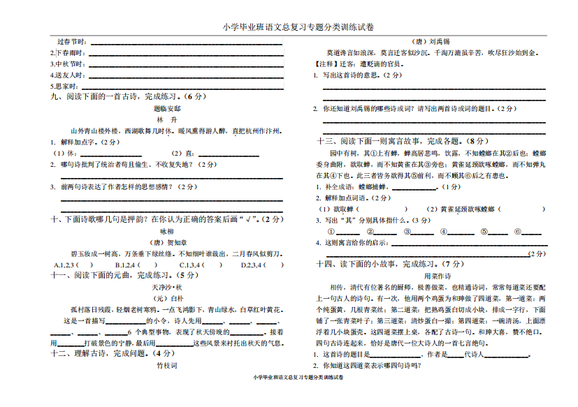 小学毕业班语文总复习专题分类训练试卷：复习古诗文