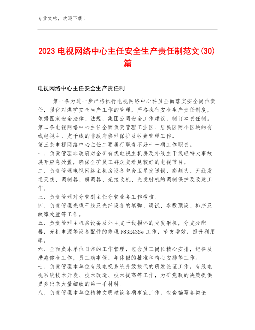 2023电视网络中心主任安全生产责任制范文(30)篇