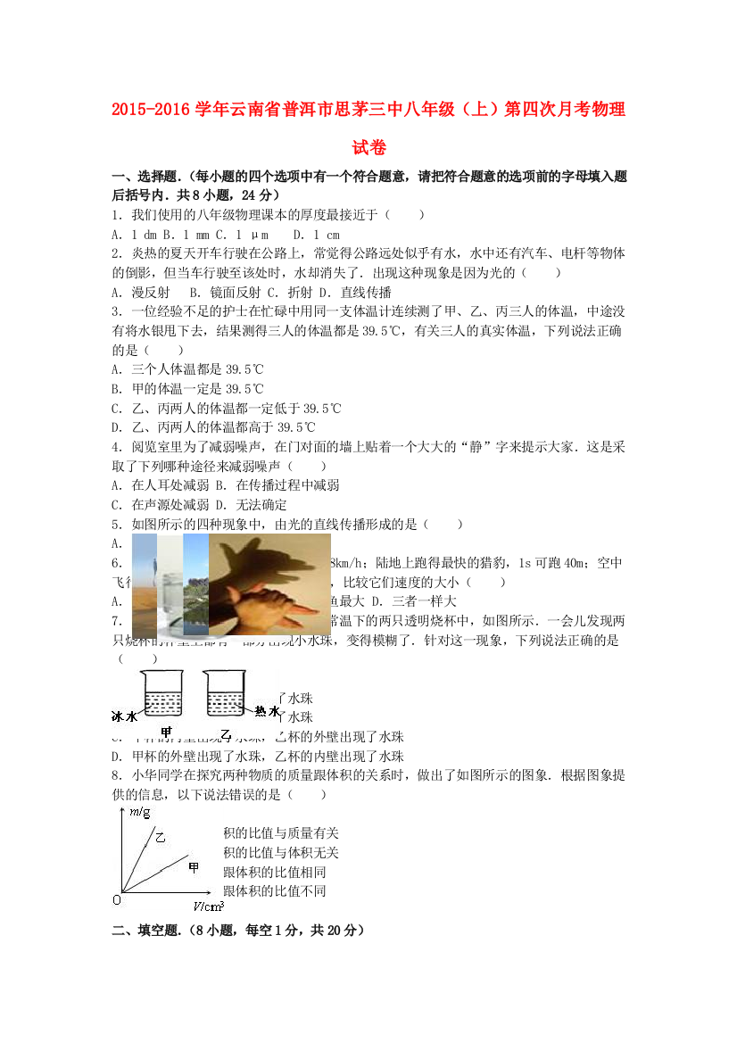 八年级物理上学期第四次月考试卷含解析-新人教版