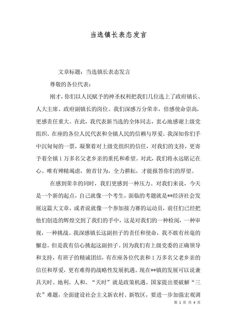 当选镇长表态发言八