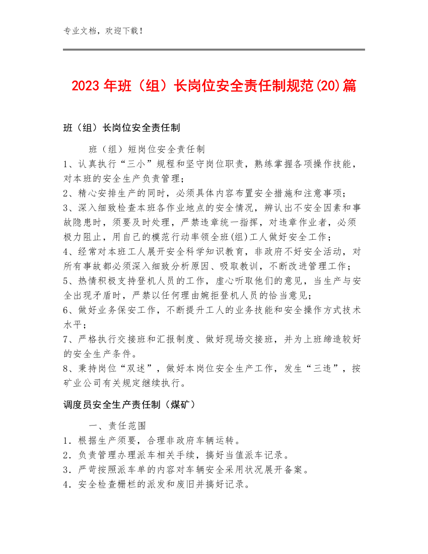 2023年班（组）长岗位安全责任制规范(20)篇