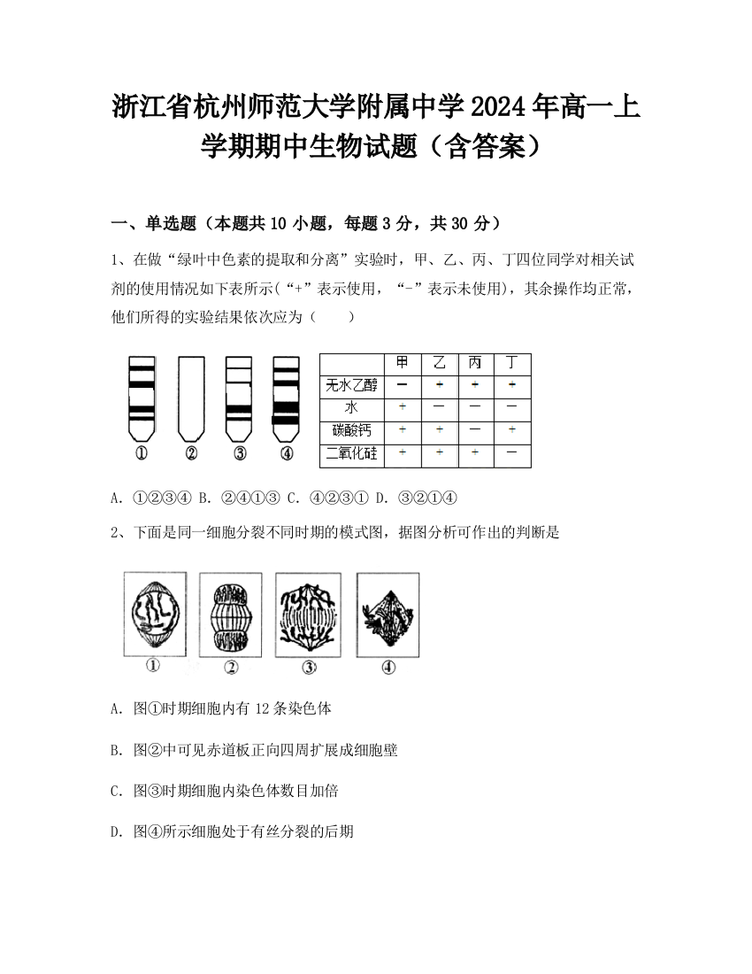 浙江省杭州师范大学附属中学2024年高一上学期期中生物试题（含答案）