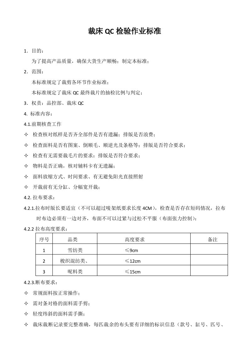 裁床QC检验作业标准