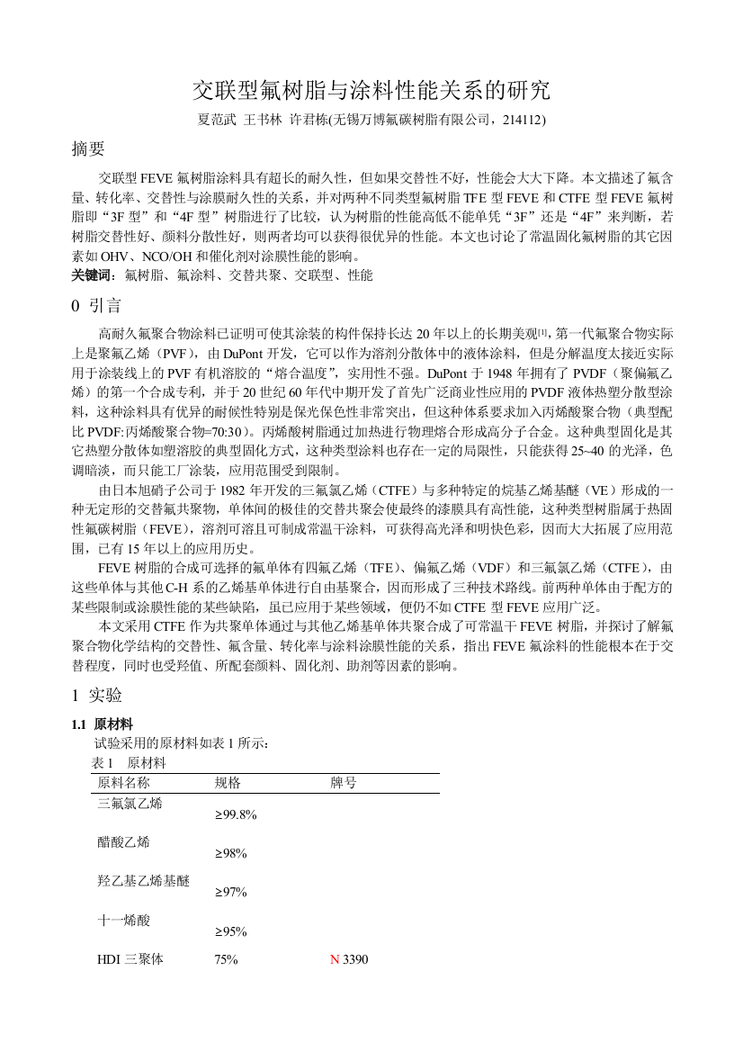 交联型氟树脂与涂料性能关系的研究