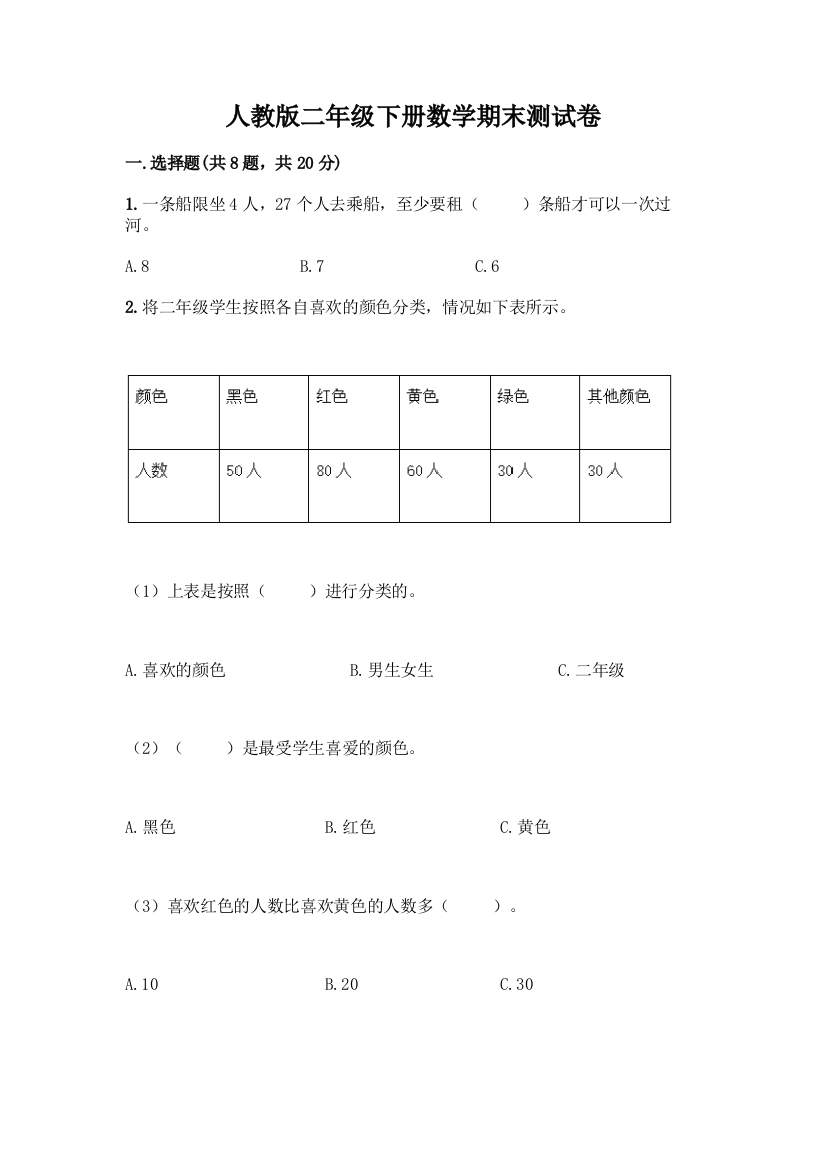 人教版二年级下册数学期末测试卷精品(名师系列)