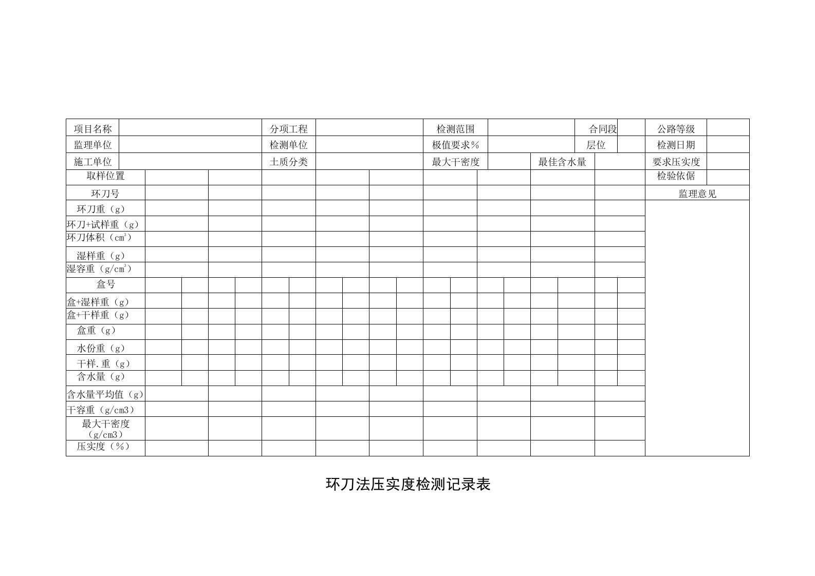 环刀法压实度检测记录表