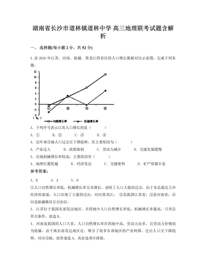 湖南省长沙市道林镇道林中学高三地理联考试题含解析