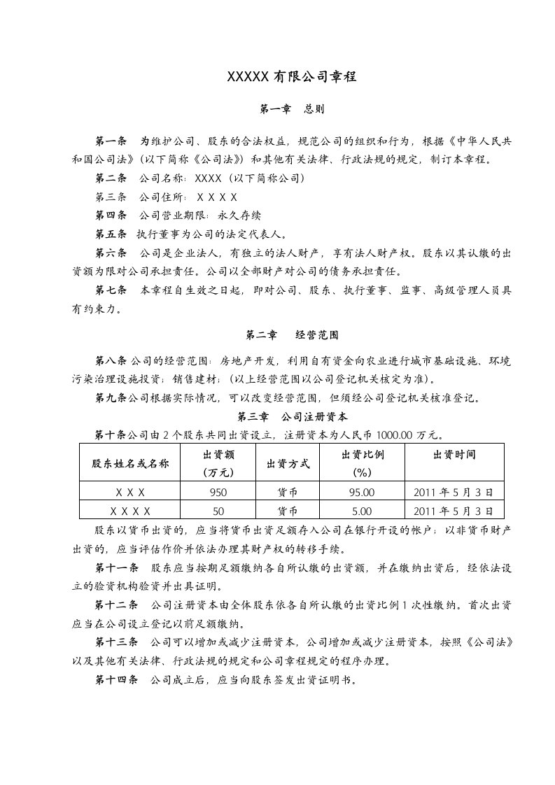 房地产公司章程及聘任总经理决议