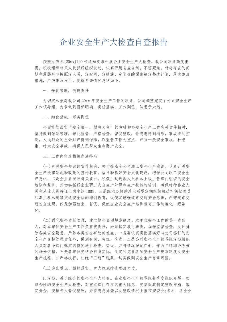 总结报告企业安全生产大检查自查报告