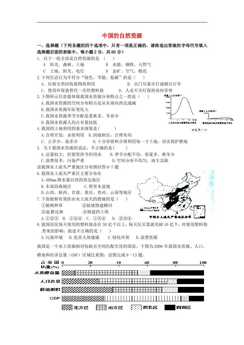 湘教版地理八年级下册第三章《中国的自然资源》单元综合检测题