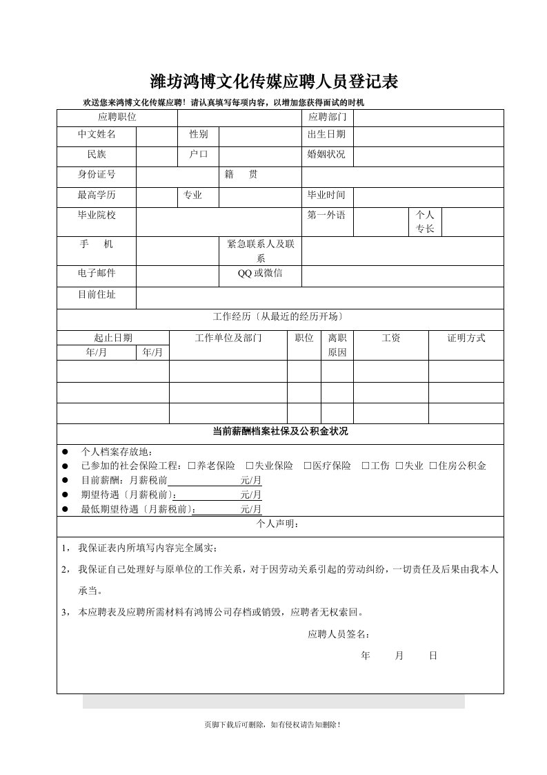 应聘人员登记表(免费下载)