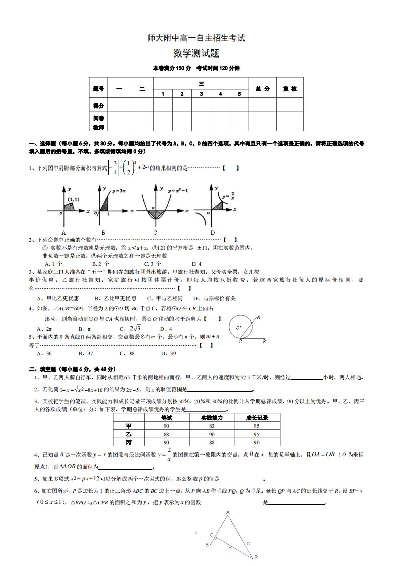 师大附中高一自主招生考试数学测试题及参考答案2