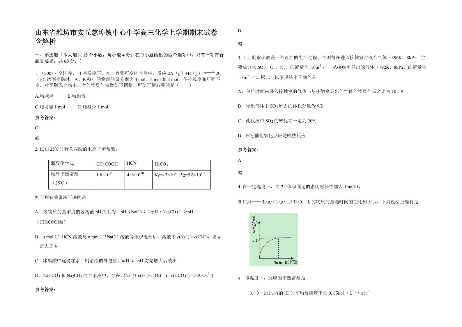 山东省潍坊市安丘慈埠镇中心中学高三化学上学期期末试卷含解析