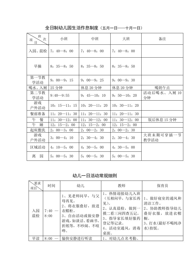 全日制幼儿园生活作息制度