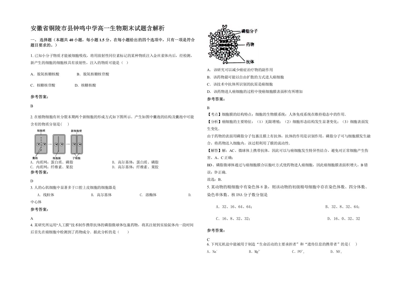 安徽省铜陵市县钟鸣中学高一生物期末试题含解析