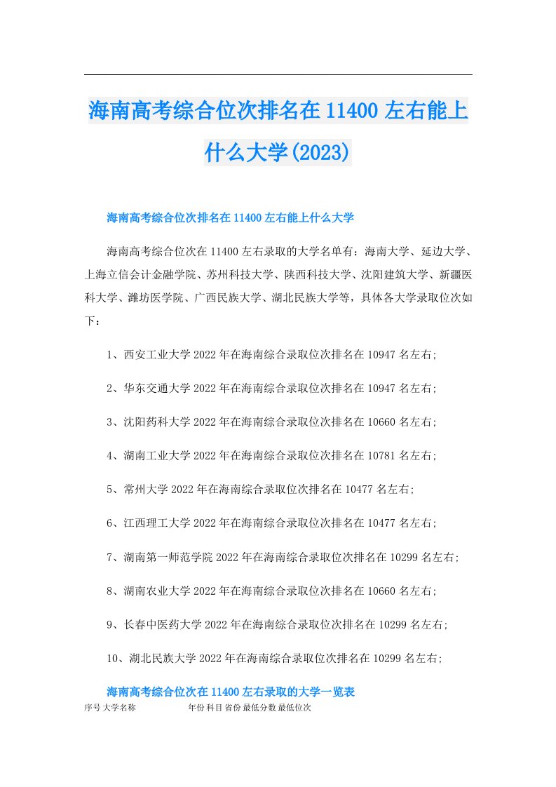 海南高考综合位次排名在11400左右能上什么大学()