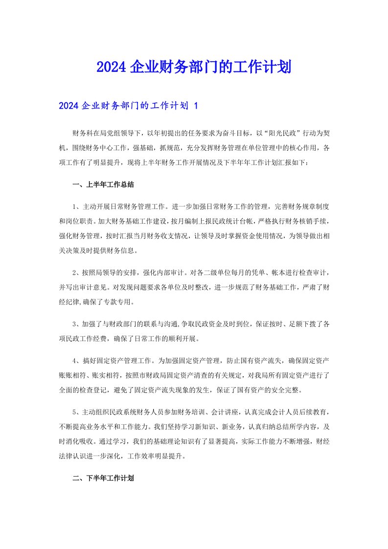 2024企业财务部门的工作计划