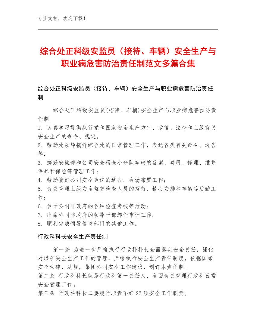 综合处正科级安监员（接待、车辆）安全生产与职业病危害防治责任制范文多篇合集