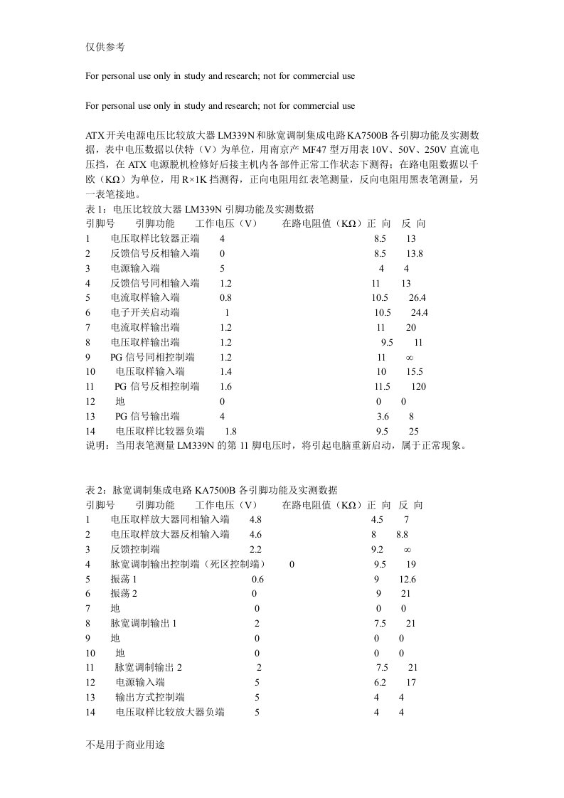 ATX开关电源电压比较放大器LM339N和脉宽调制集成电路KA7500B各引脚功能及实测数据供参考学