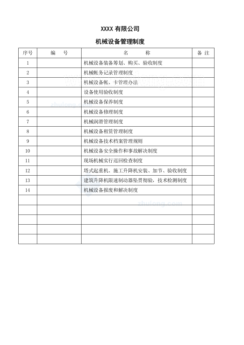 公司机械设备各类管理制度样本