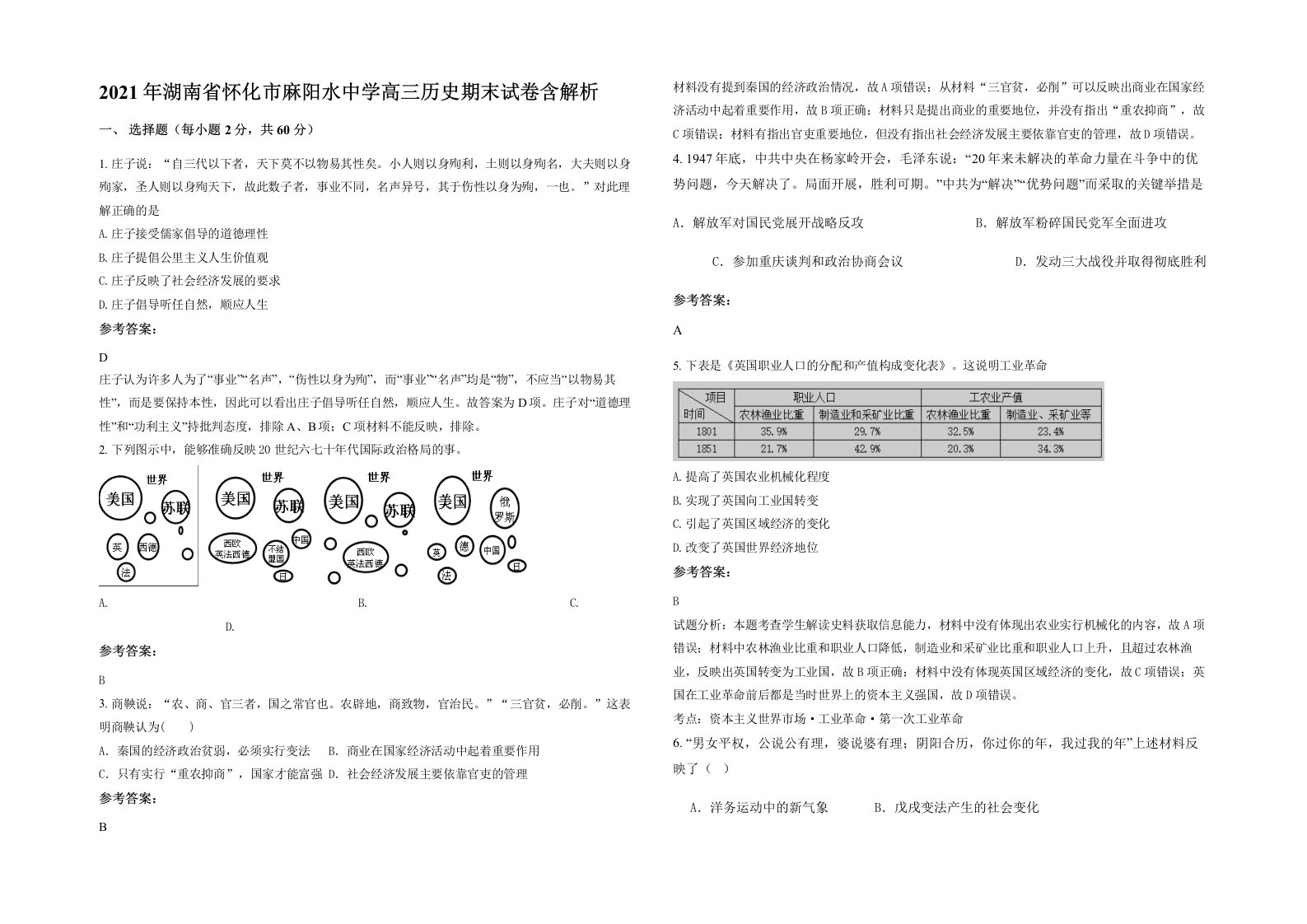 2021年湖南省怀化市麻阳水中学高三历史期末试卷含解析