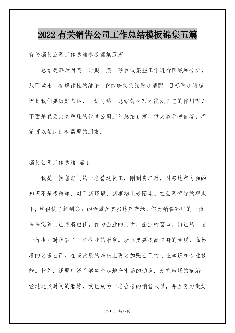 2022有关销售公司工作总结模板锦集五篇