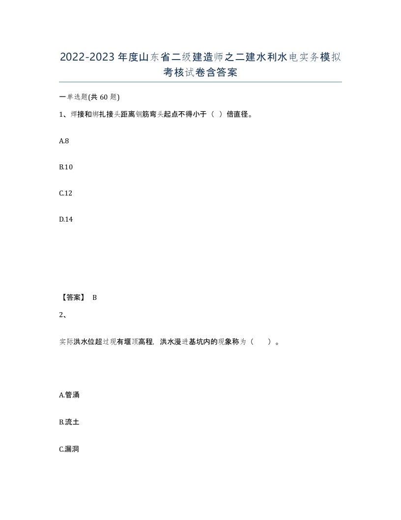 2022-2023年度山东省二级建造师之二建水利水电实务模拟考核试卷含答案