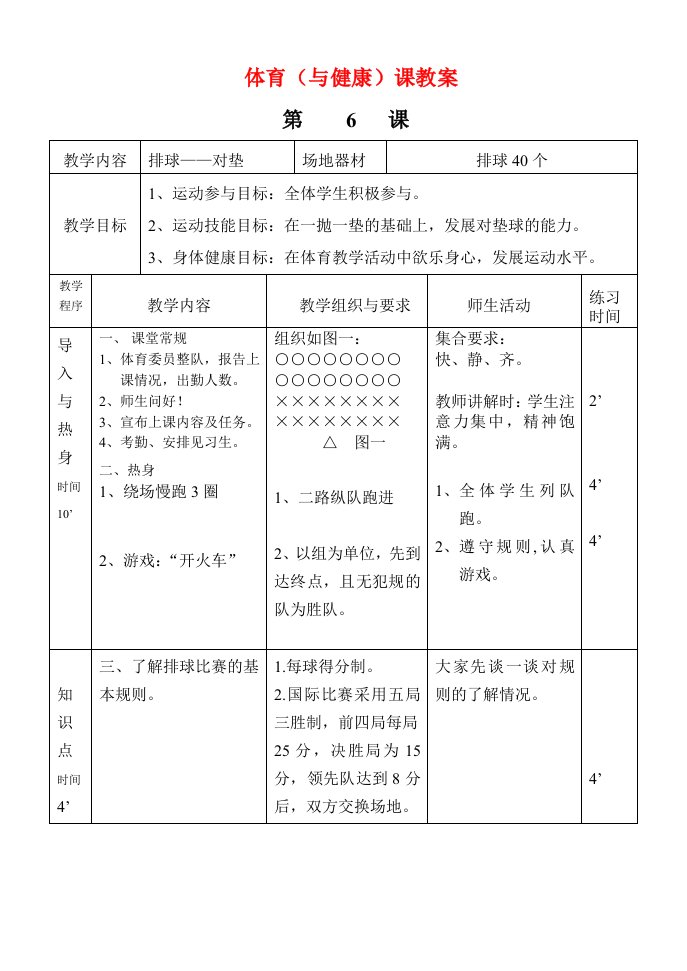 初中八年级体育教案排球——对垫