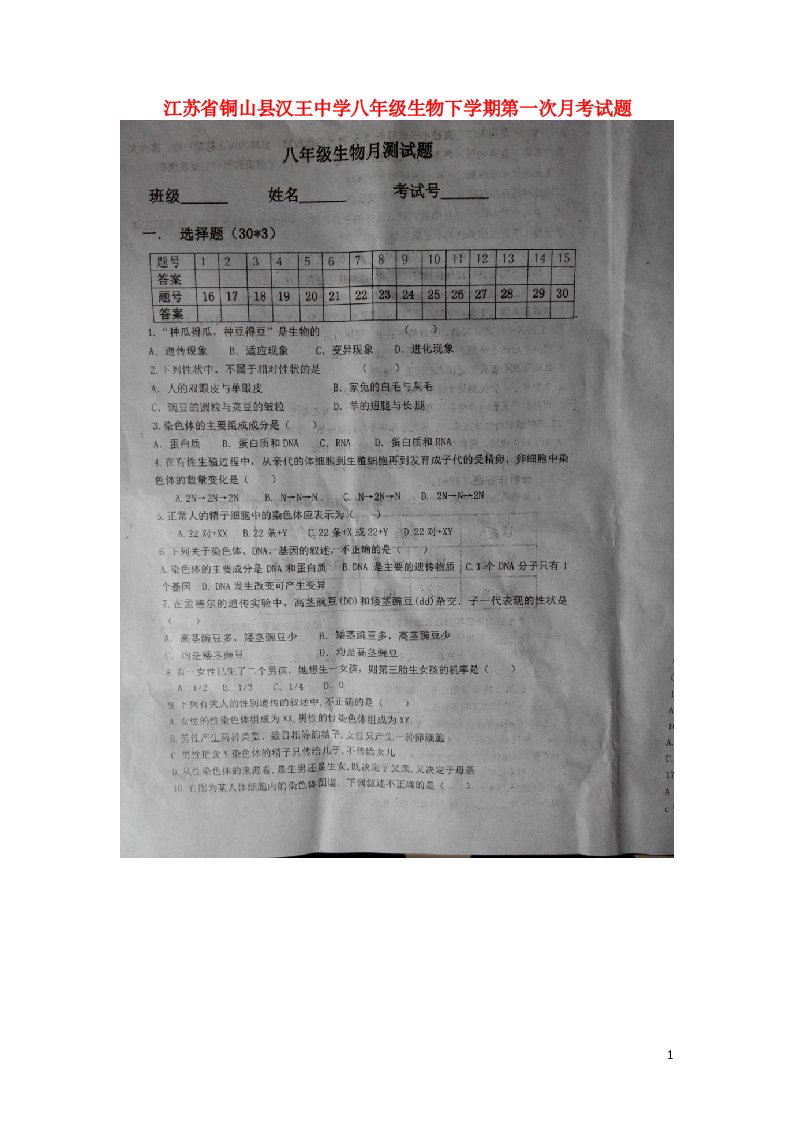 江苏省铜山县汉王中学八级生物下学期第一次月考试题（扫描版，无答案）