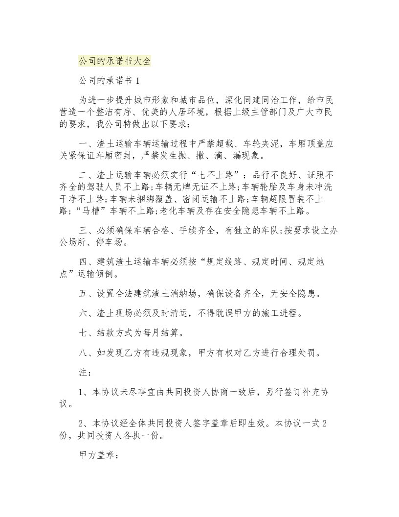 公司的承诺书大全