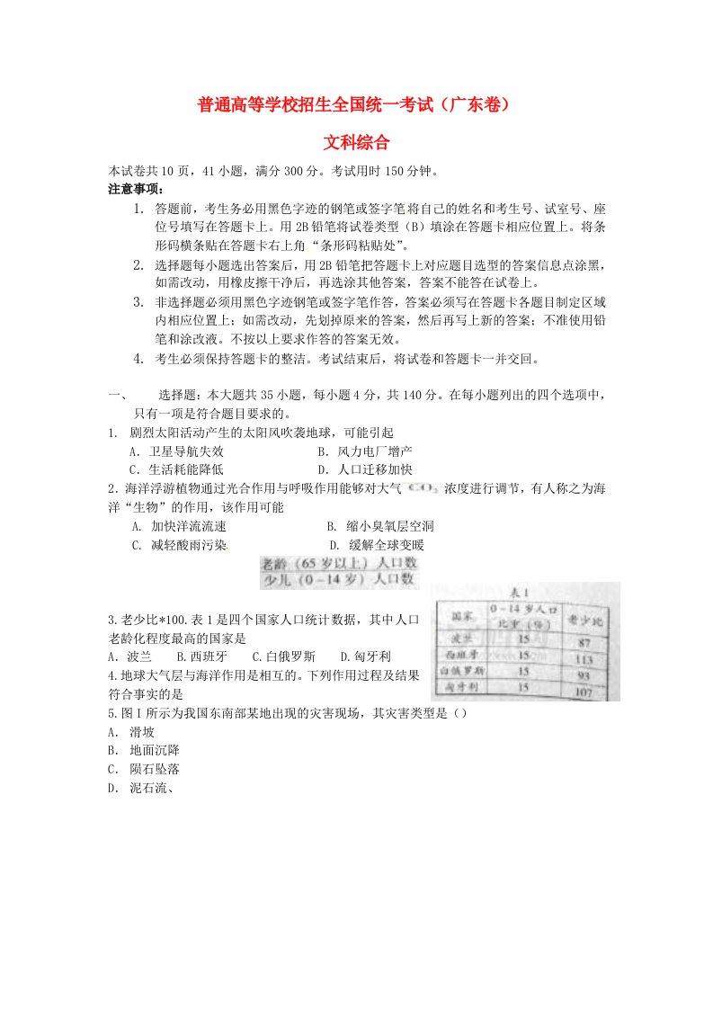 普通高等学校招生全国统一考试文综试题（广东卷）（无答案）