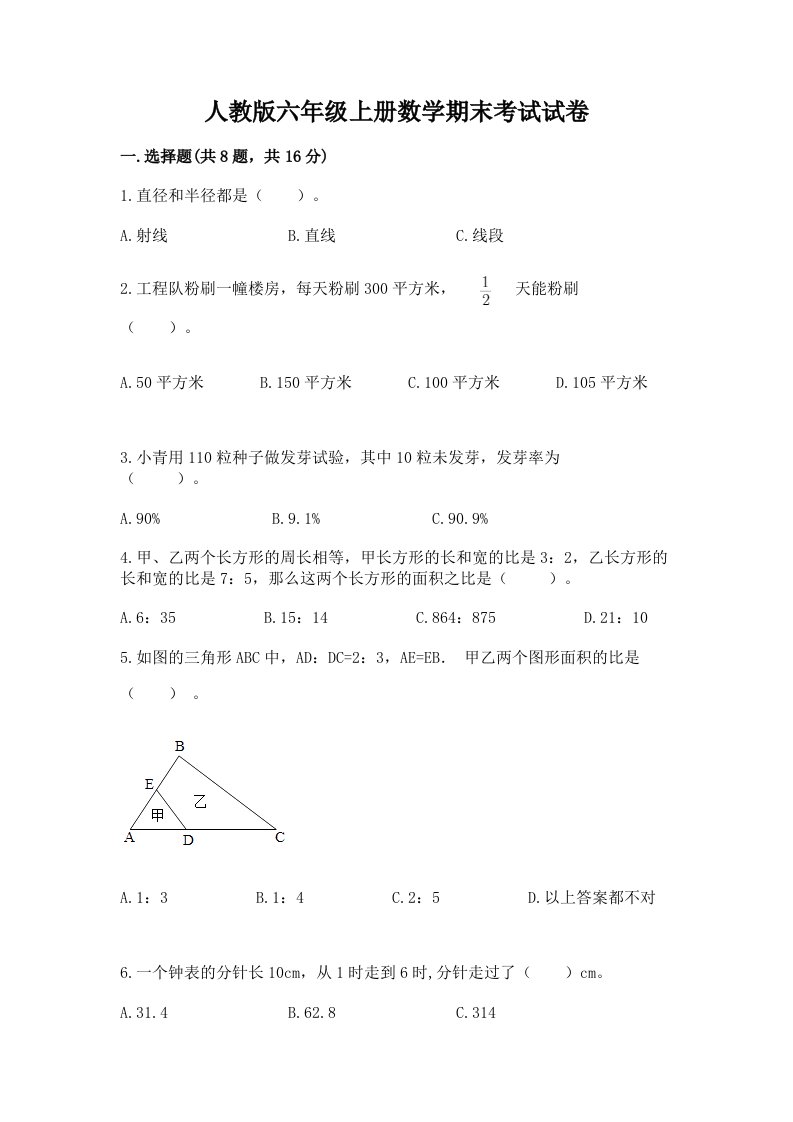 人教版六年级上册数学期末考试试卷（历年真题）