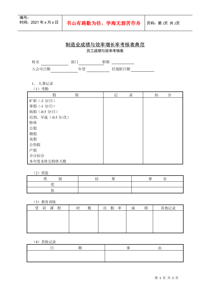 制造业成绩与效率增长率考核表典范