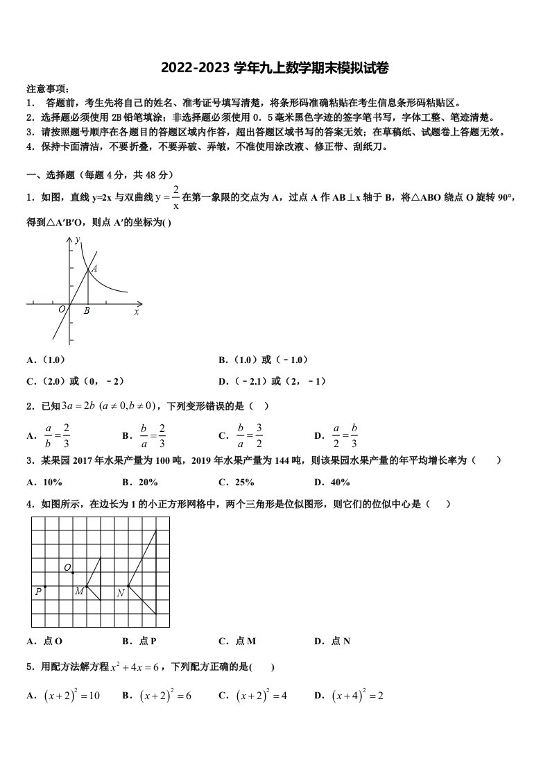 2023届湖南省长沙市师大附中教育集团第十九年级数学第一学期期末学业水平测试试题含解析