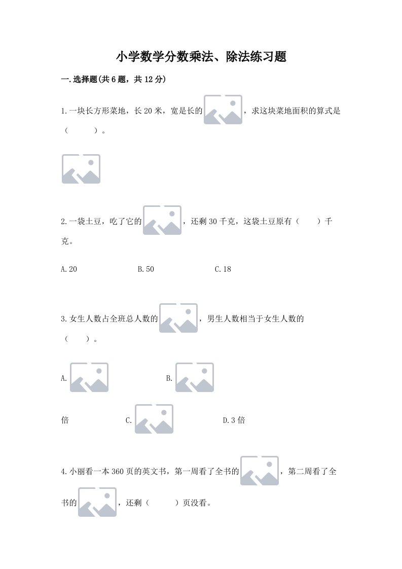 小学数学分数乘法、除法练习题（真题汇编）