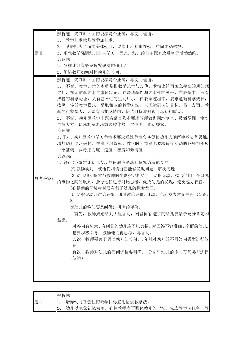 学前教育教学艺术辨析题